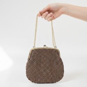 Vintage 1960s MCM Beaded Evening Bag Clutch Purse Brown Gold Bridal Bag Kisslock